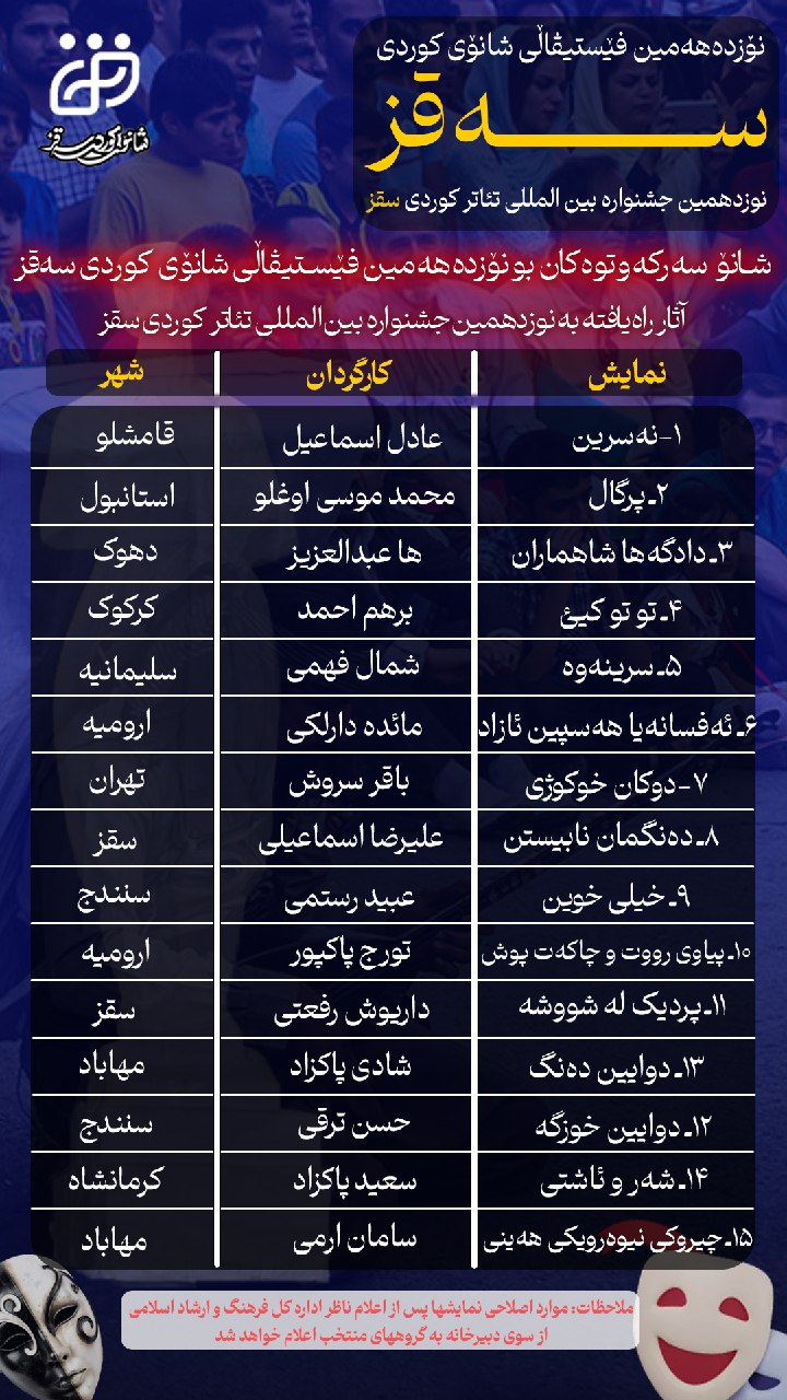 اعلام آثار پذیرفته شده در نوزدهمین دوره جشنواره بین المللی تئاتر کوردی سقز